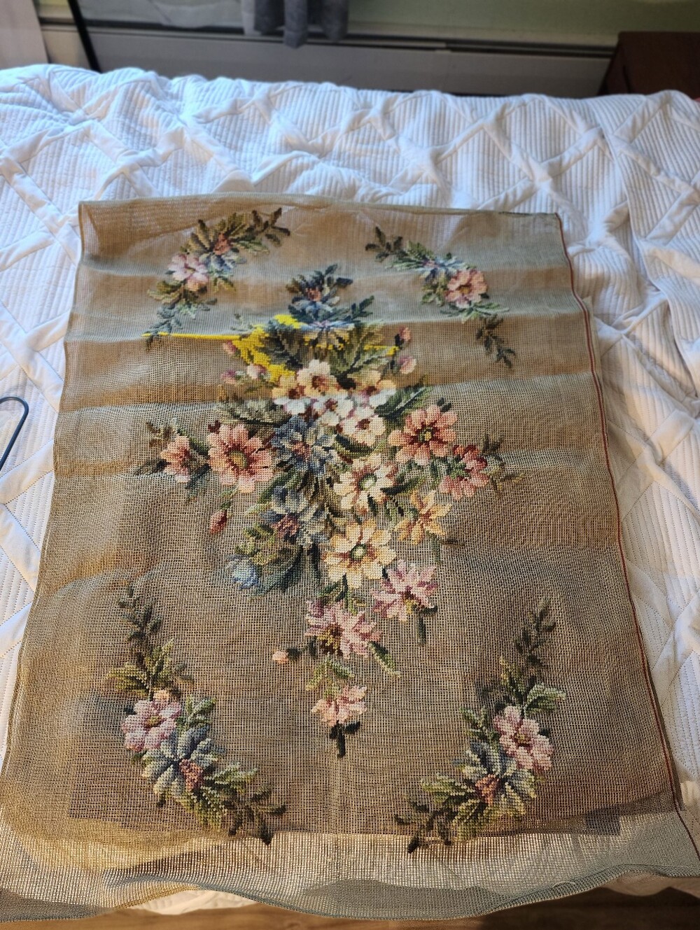 Floral Needlepoint Wall Hanging in Beige with Pink and Blue Flowers